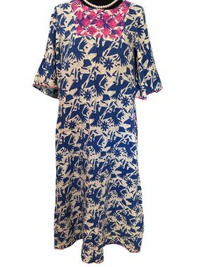 Nimo With Love Kaftan Bird Linen Maxi Dress Women Boho Embroidered Bell Sleeves